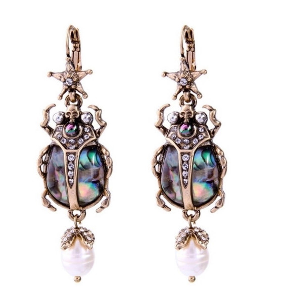 Statement Beetle Drop Earrings Abalone Shell, Pearl & Crystal Insect Jewelry - Picture 1 of 4